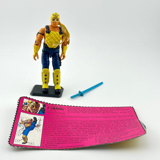 Toy figure with accessories and pink character card on a white background