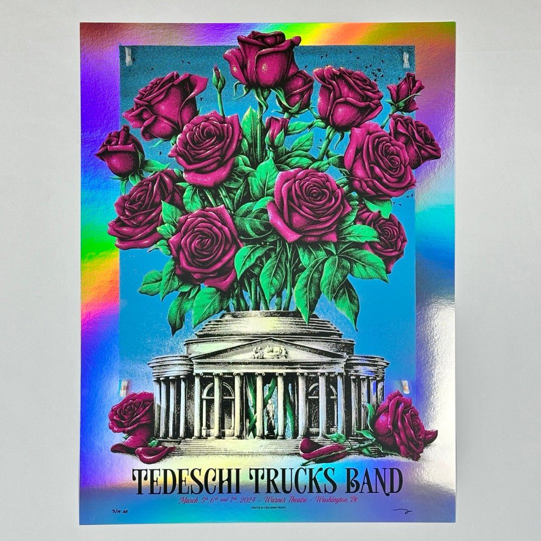 Poster of bouquet of magenta roses in white pillared temple-esque building on rainbow foil background, event text at bottom