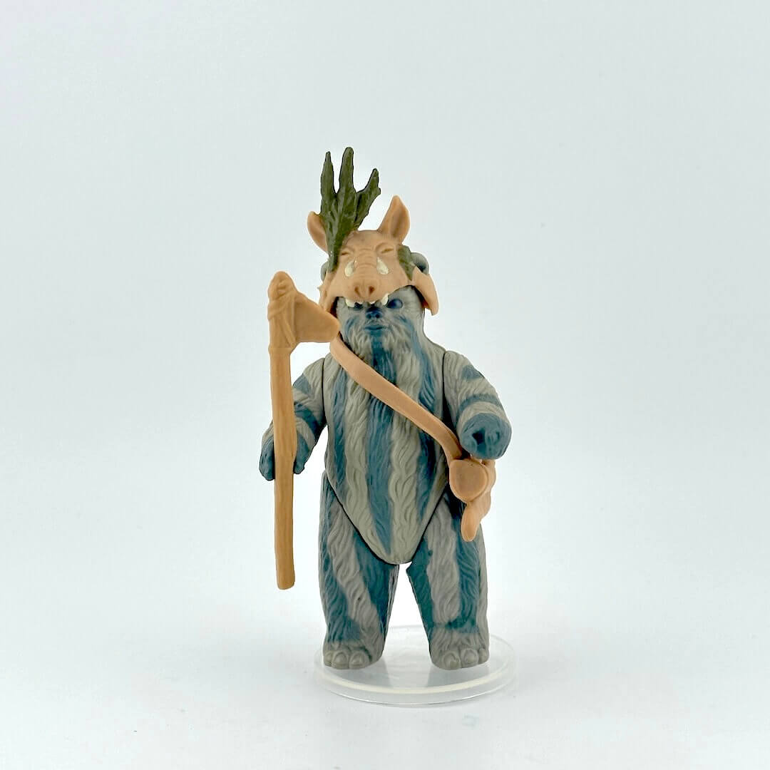 Ewok action figure with striped fur with accessories against white background.