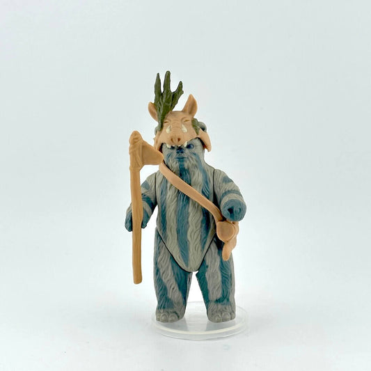 Ewok action figure with striped fur with accessories against white background.