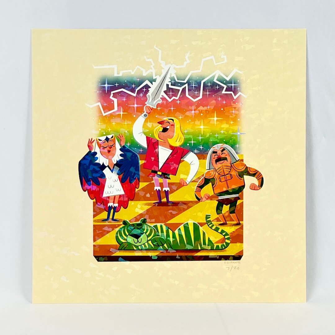 A square art print featuring a colorful cartoon illustration of three characters standing on a rainbow-striped platform.