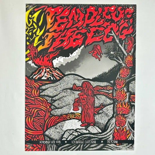 Artistic depiction of a person in a red outfit with flames and mountains in the background