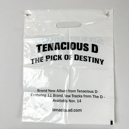 White plastic bag with black text, "Tenacious D: The Pick of Destiny" followed by album info & website.