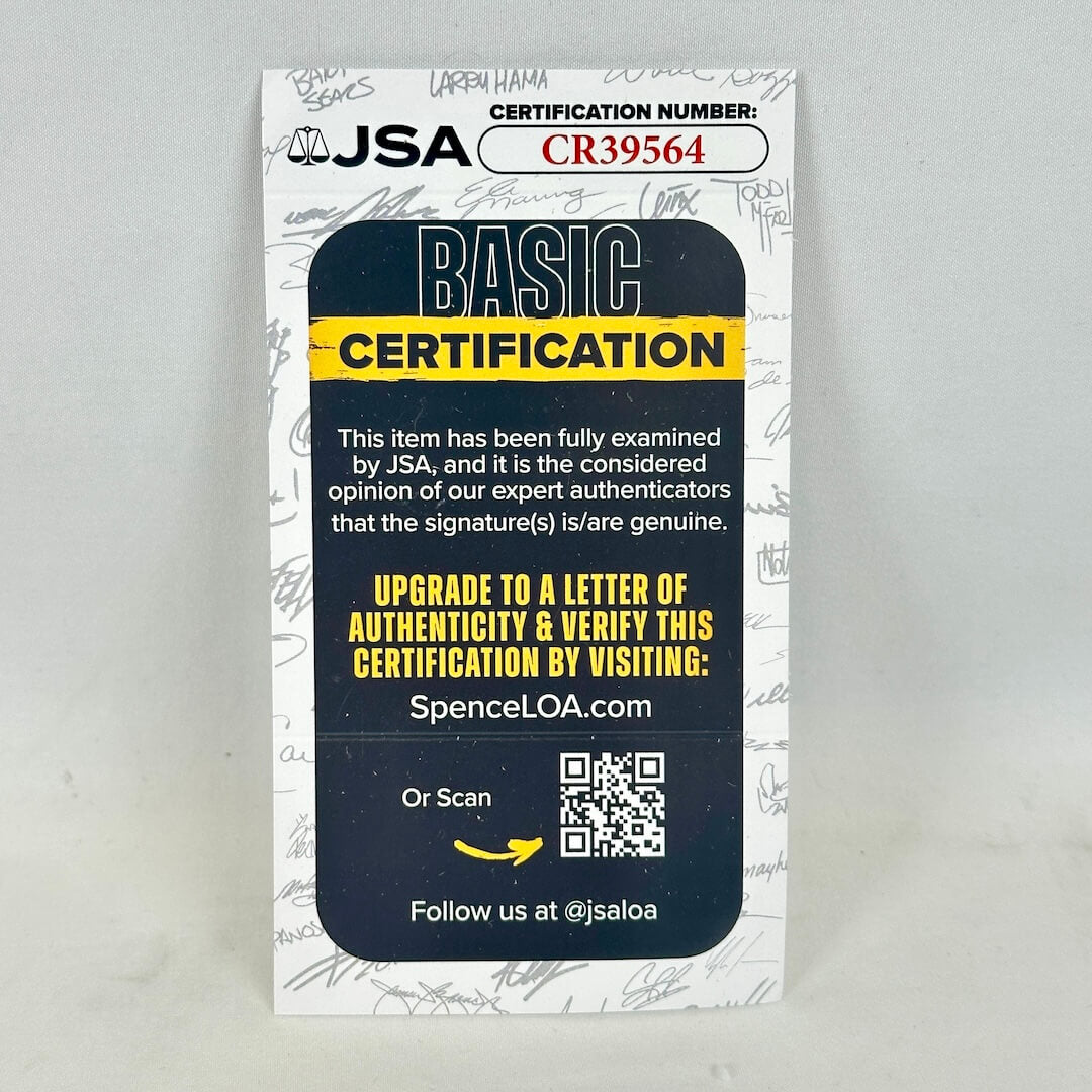 A vertical JSA Basic Certification card with a white background and a QR code.
