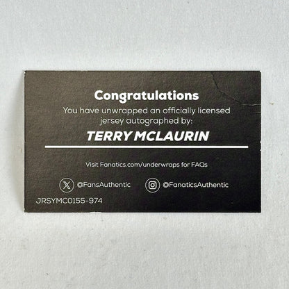 A black rectangular collectible card with white text celebrating an officially licensed jersey autograph from Terry McLaurin.