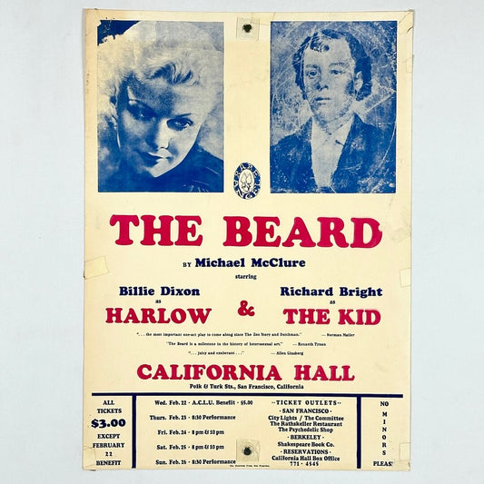 Vintage poster for The Beard with two images of actors at top with even details underneath. 