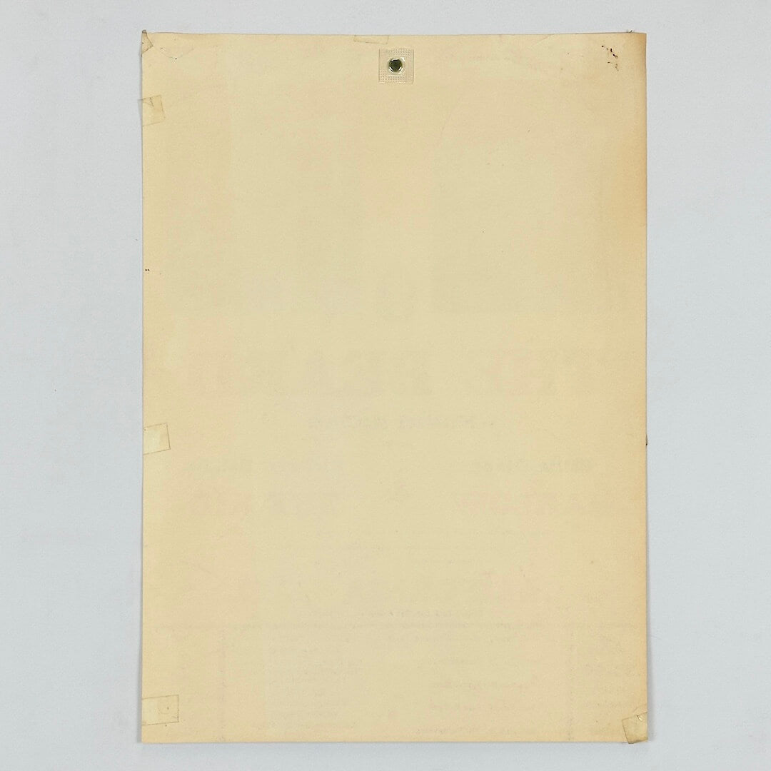 Backside of off-white poster against white background. 