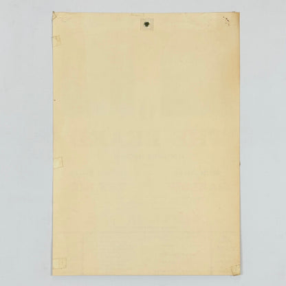 Backside of off-white poster against white background. 