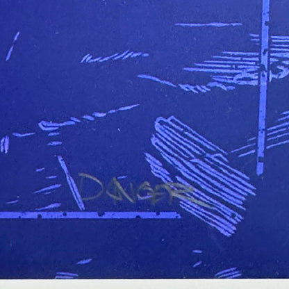 Close up of artist signature in pencil on blue line border. Clean edge below.
