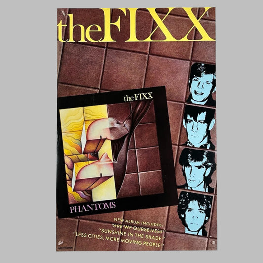 Brown tile background, yellow text "The Fixx," B&W photos of band members along right side, album cover image to left.