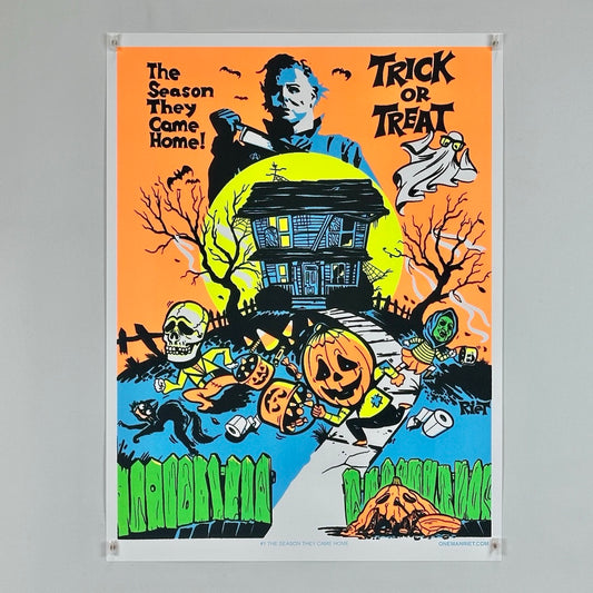 Halloween-themed poster with characters and text on an orange background