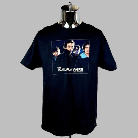 Black t-shirt with image of band in center chest with, "The Wallflowers, Red Letter Days" printed in white beneath.