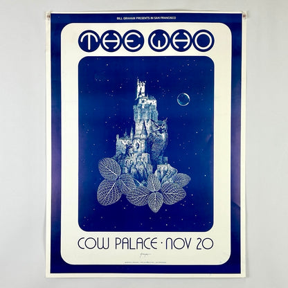 White poster, blue printed background, The Who at top, a castle with an owl &  leaves as center graphic, event info at bottom