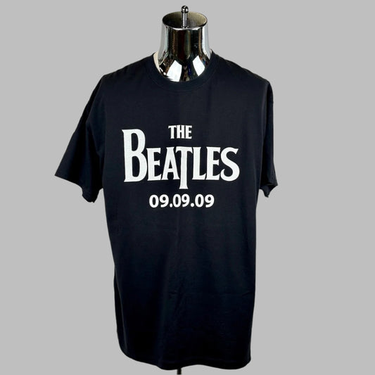 black short sleeve t-shirt with white text, "The Beatles 09.09.09."