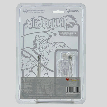 Back of clear action figure package detailing the manufacturing  copyright information in light grey text. 