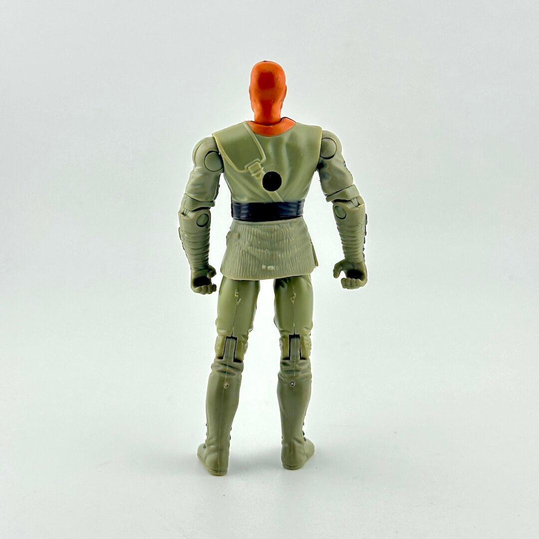 Backside of action figure in gray martial arts uniform with orange hood. 