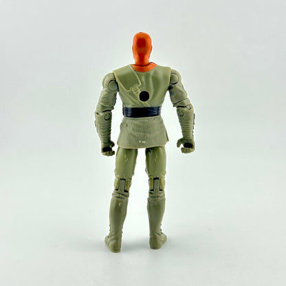 Backside of action figure in gray martial arts uniform with orange hood. 