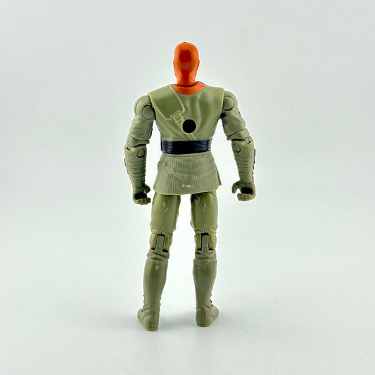 Backside of action figure in gray martial arts uniform with orange hood. 