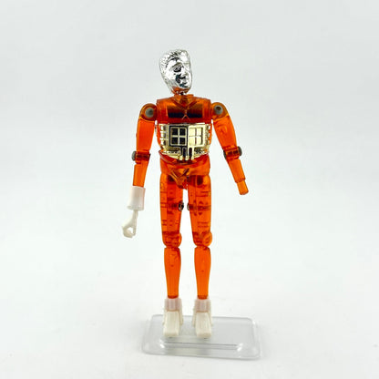 Translucent Orange and silver humanoid action figure standing on white background. 