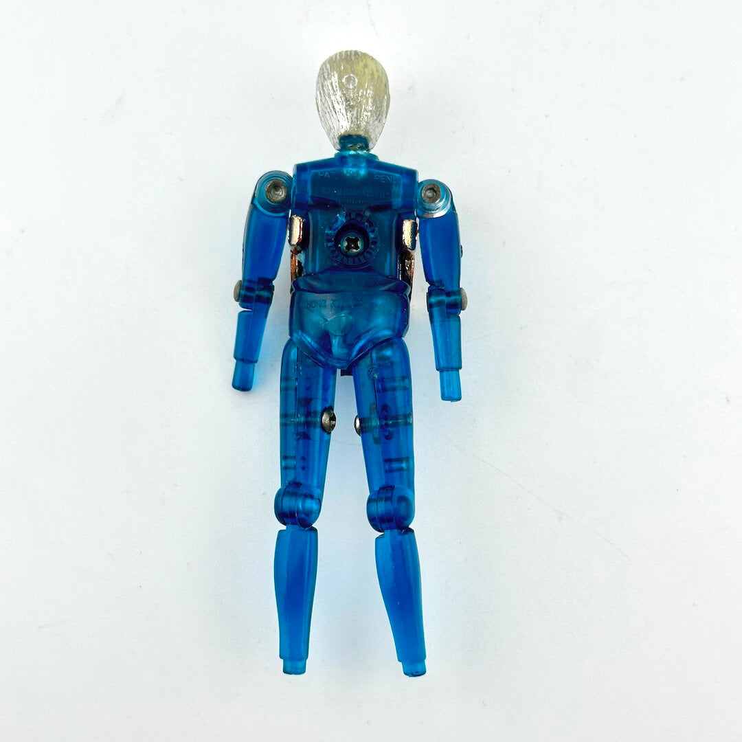 Blue and silver action figure laying on white background. 