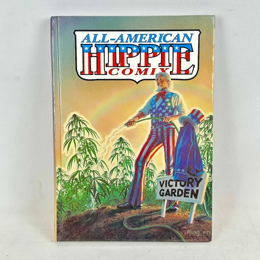 Book titled 'All-American Hippie Comix' with a cover illustration of a person in a patriotic outfit tending a garden.