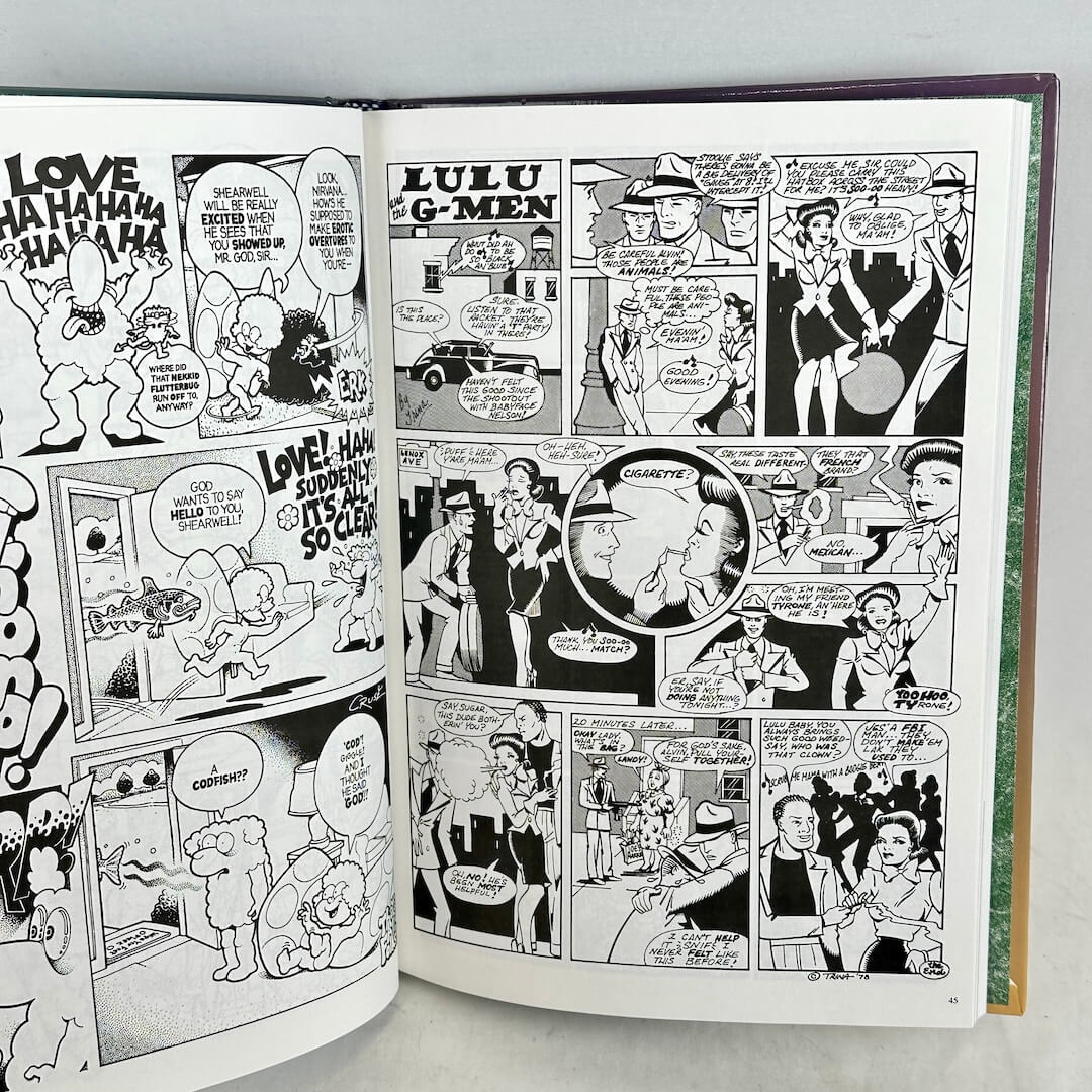 Open comic book with black and white illustrations on a gray background