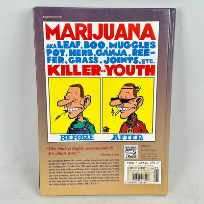 Book cover with cartoon characters and text about various drug references, on a light gray background.