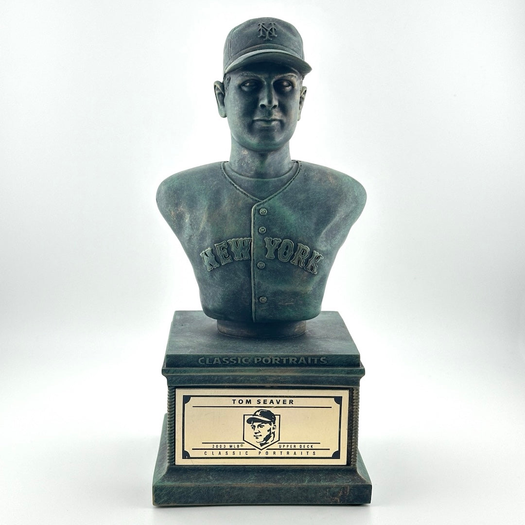 Bronze pedestal with bronze bust of Seaver in NY Mets uniform. Gold plaque on pedestal.