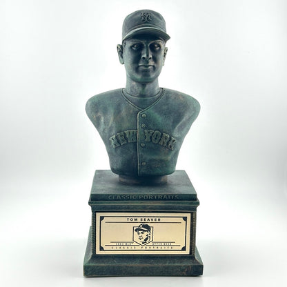 Bronze pedestal with bronze bust of Seaver in NY Mets uniform. Gold plaque on pedestal.