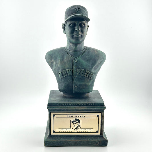 Bronze pedestal with bronze bust of Seaver in NY Mets uniform. Gold plaque on pedestal.