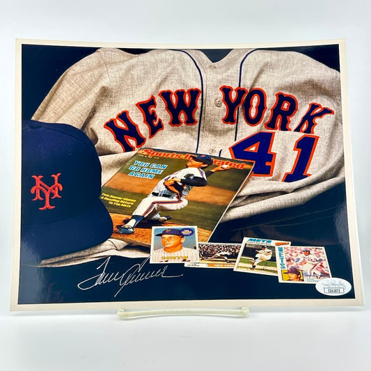 Photograph of memorabilia collage featuring signature of player, JSA authentication sticker in corner. 
