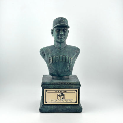 Bronze pedestal with bronze bust of Seaver in Cincinnati Reds uniform. Gold plaque on pedestal.