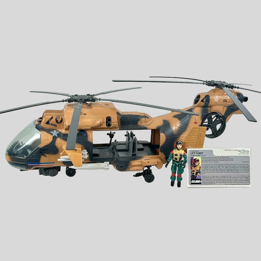 Toy helicopter with a figure and packaging on a light gray background