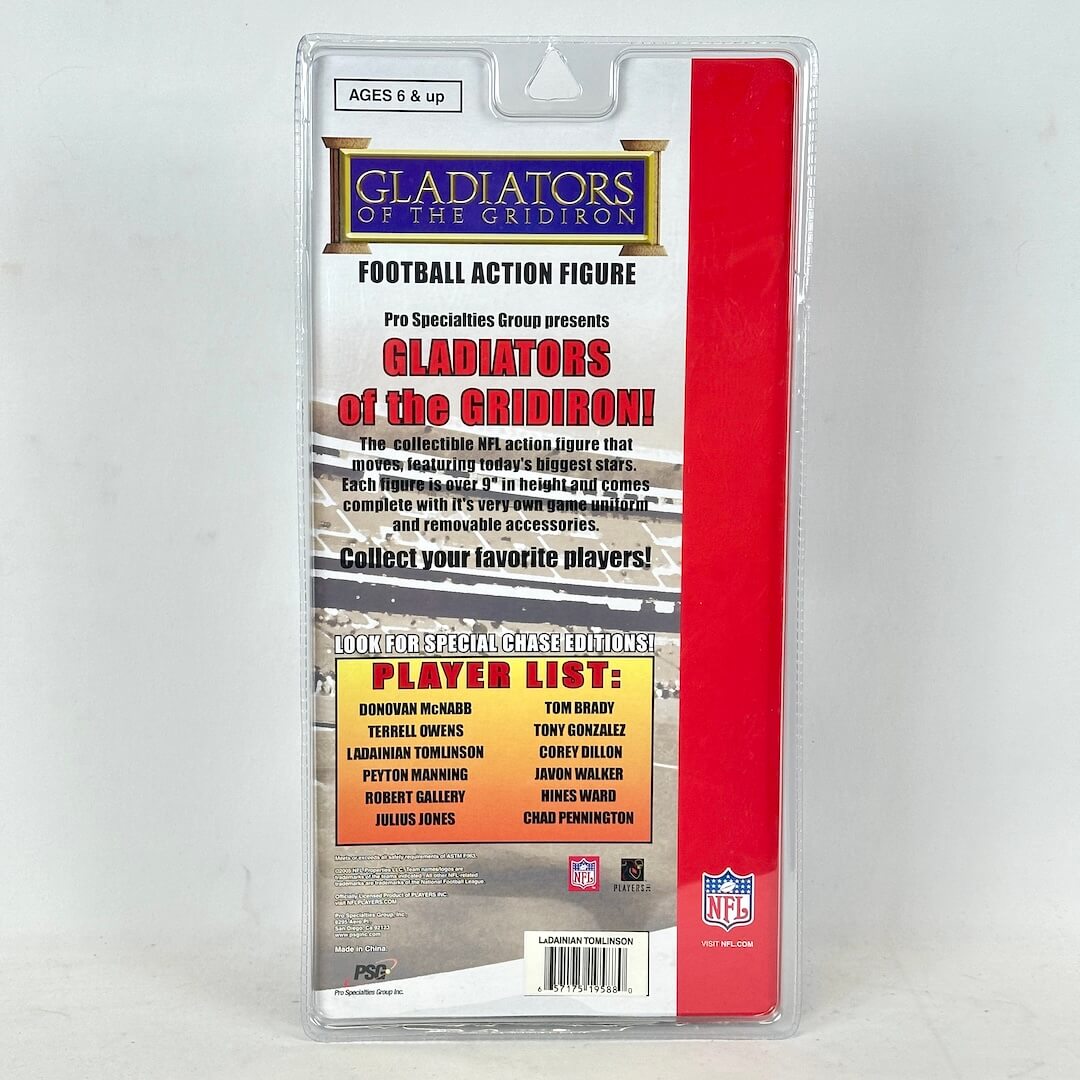 Packaged football action figure with 'Gladiators of the Gridiron' branding on a white background