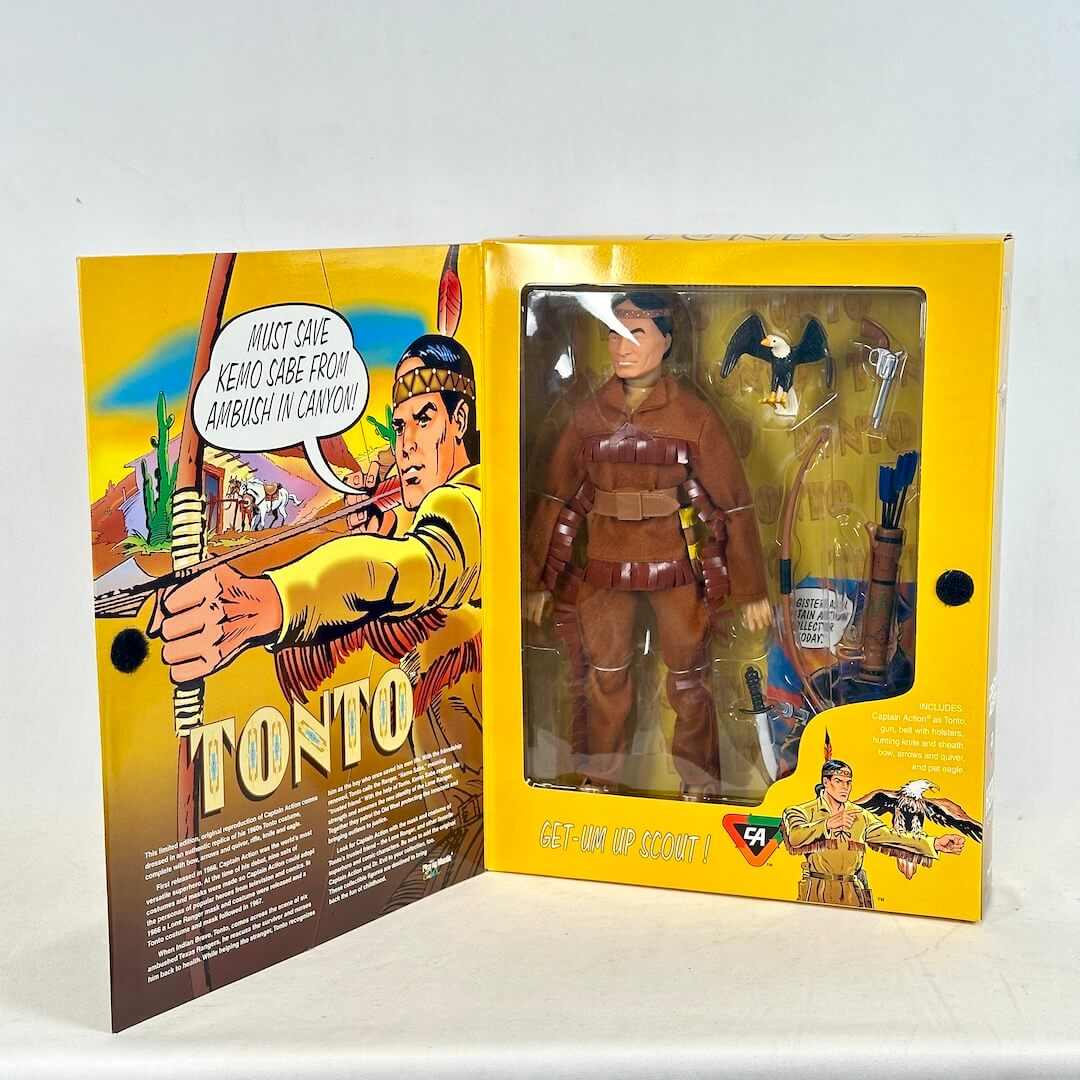 Action figure of Tonto in a yellow box with character description