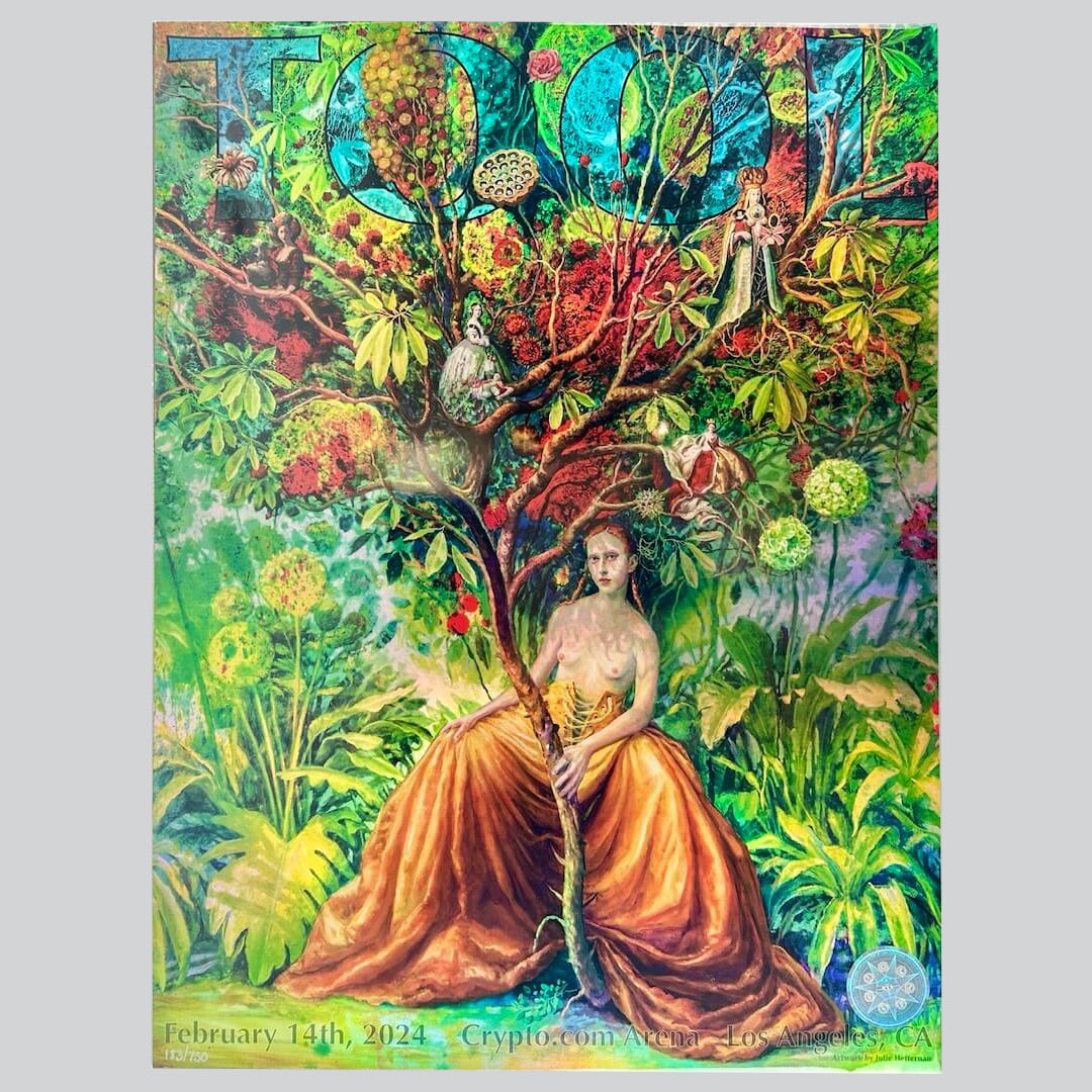 Tool concert poster for 2/14/24 at Crypto.com Arena, Los Angeles, CA. Features surreal art of a woman sitting under a vibrant tree.