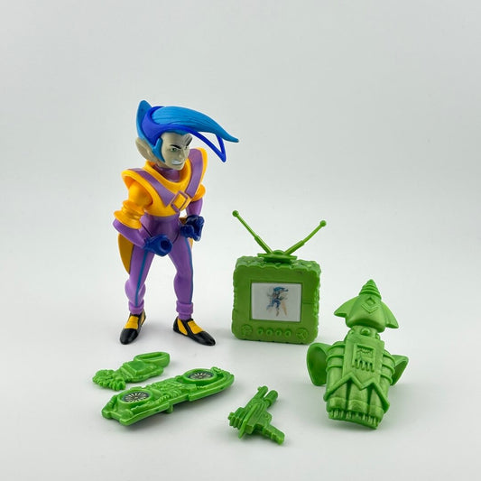 Male figure with spiky blue hair dressing in purple & yellow space-age suit with green TV & Accessories.