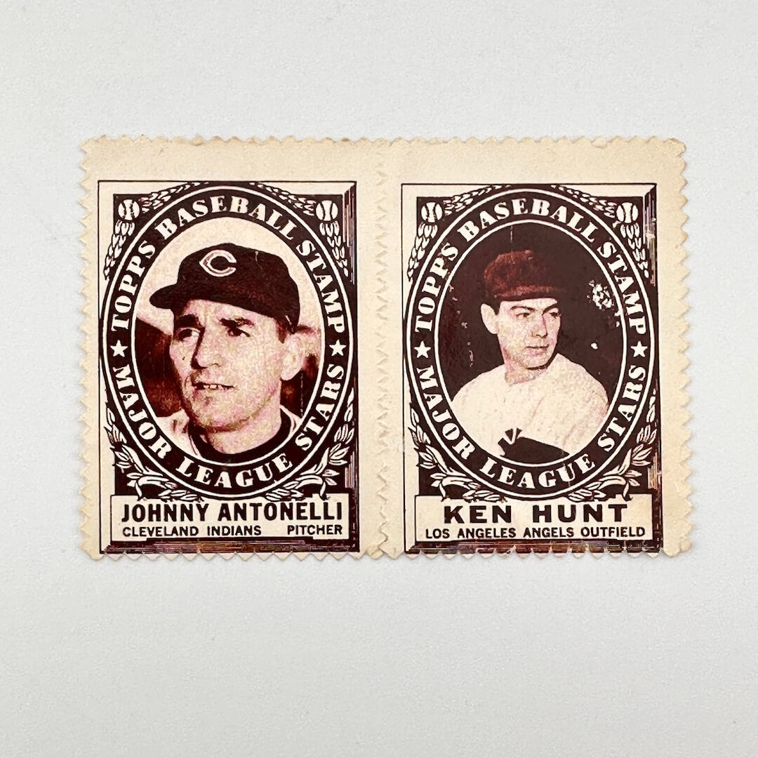 Two vintage baseball stamp collectibles from 1961, featuring Johnny Antonelli and Ken Hunt, displayed side-by-side.