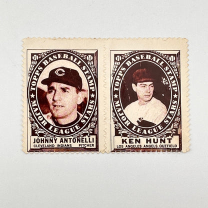 Two vintage baseball stamp collectibles from 1961, featuring Johnny Antonelli and Ken Hunt, displayed side-by-side.