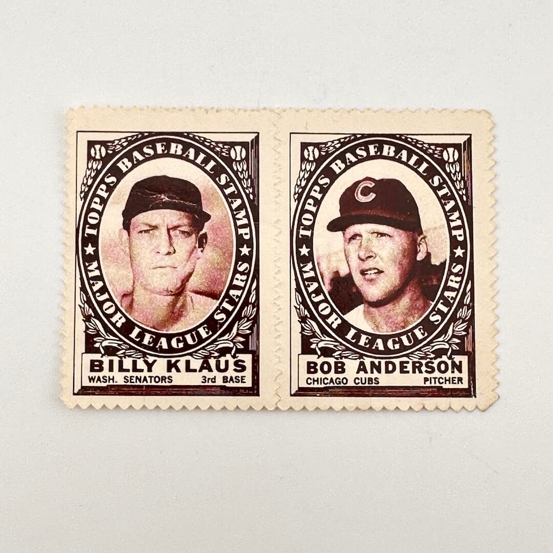Two vintage baseball postage stamps featuring Billy Klaus and Bob Anderson, displayed side-by-side.
