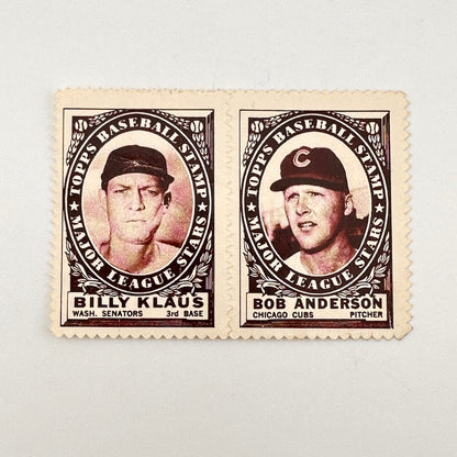 Two vintage baseball postage stamps featuring Billy Klaus and Bob Anderson, displayed side-by-side.