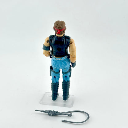 Action figure with blue and black outfit on a white background