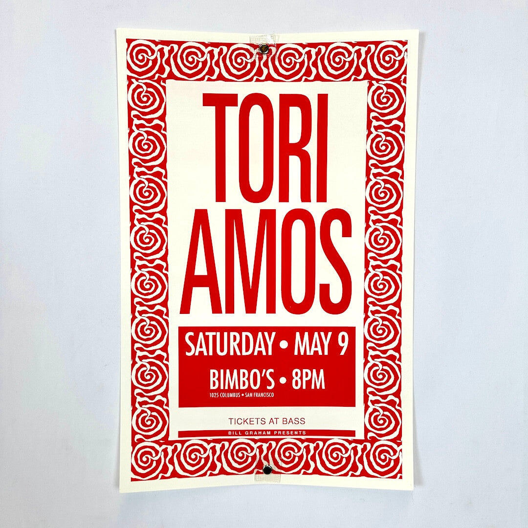 Red and white concert poster for Tori Amos at Bimbo's on a light gray background