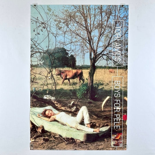 Album cover with a person lying on a mattress in a field with a cow and tree, featuring the text 'Tori Amos Boys for Pele'.