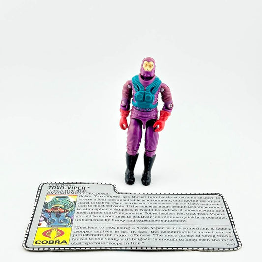 Toy figure of Toxo-Viper with a card detailing its features on a white background