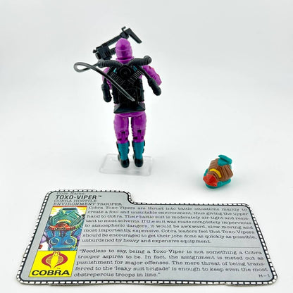 Toy figure of Toxo-Viper with a card detailing its character and background on a white background
