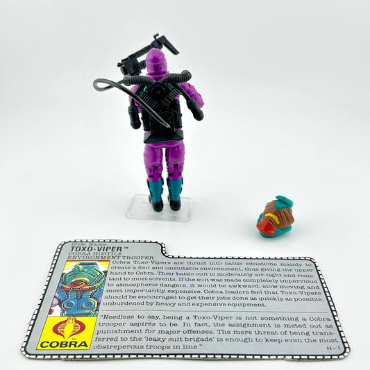 Toy figure of Toxo-Viper with a card detailing its character and background on a white background