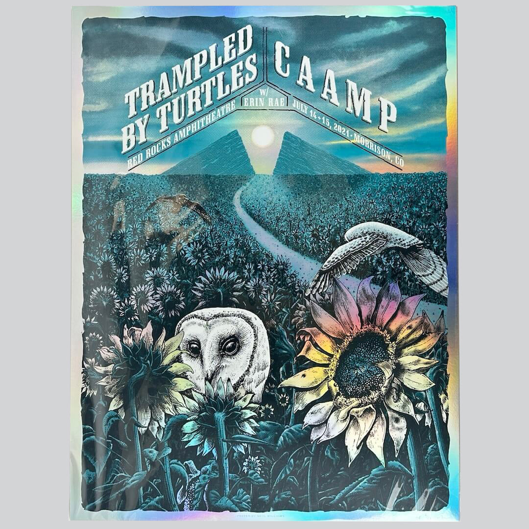 7/14-15/21 rainbow foil poster for Trampled By Turtles and Caamp, featuring an owl in a sunflower field with vibrant colors.