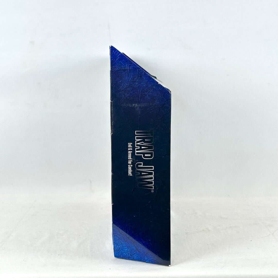 Side view of blue box packaging for action figure on light background. 