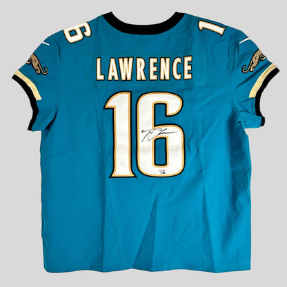 A blue Jacksonville Jaguars football jersey shown from the back, featuring the name LAWRENCE and number 16.
